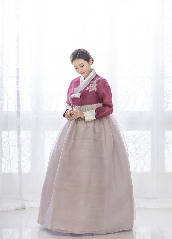 자주 꽃자수 혼주한복