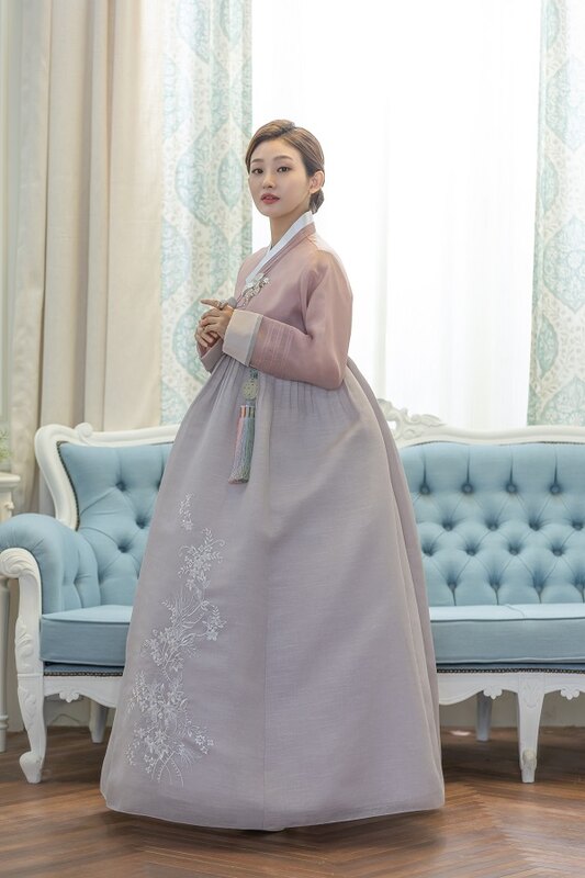 연보라 꽃자수 혼주한복