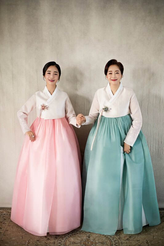 분홍 옥색 커플한복
